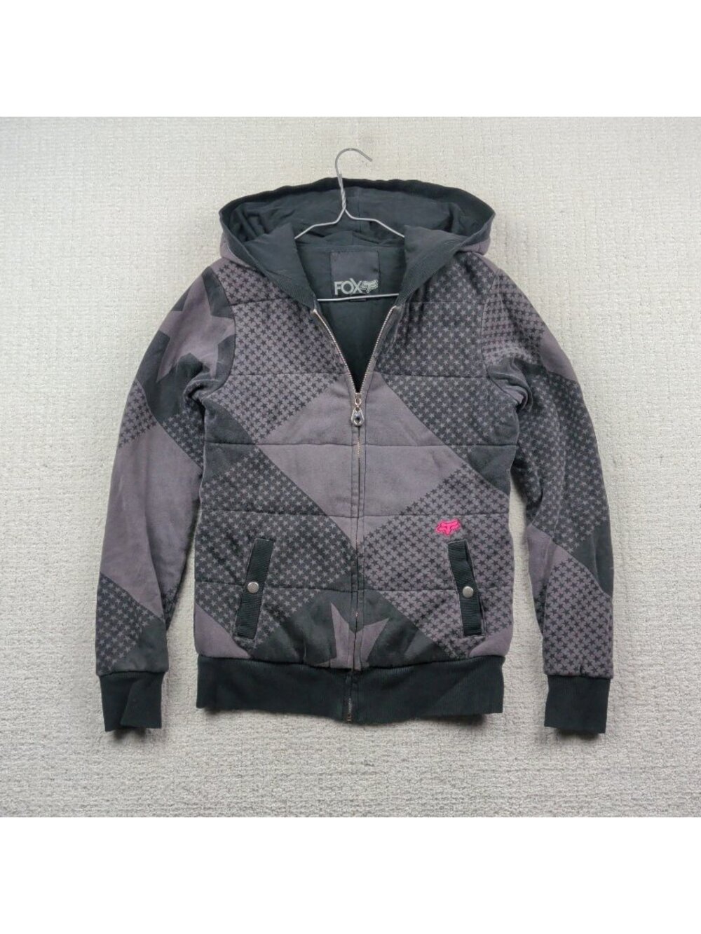Y2K Fox Racing Full Zip Lined Hoodie Wom Sz S Black Stars AOP Gothic Grunge